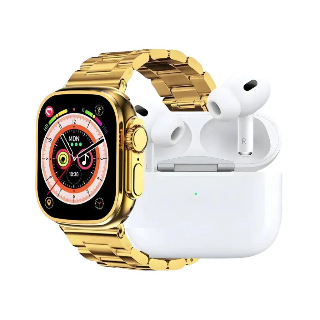 i20 Ultra Max Suit Watch – Smartwatch with Built-in Earbuds & 7 Straps With Gold Strap