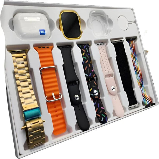 i20 Ultra Max Suit Watch – Smartwatch with Built-in Earbuds & 7 Straps With Gold Strap